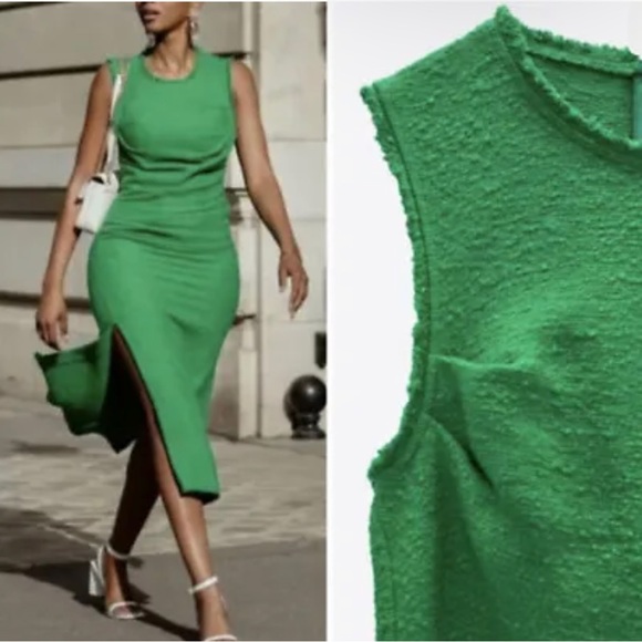 Zara Green Long Texture Fringe Weave Tweed Midi Pencil Bodycon Dress Size Medium - Picture 7 of 8